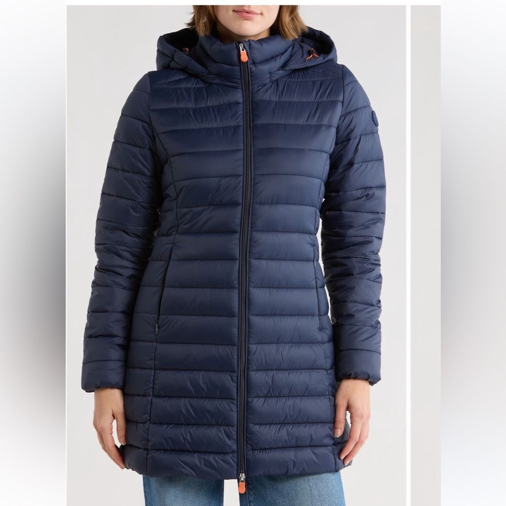 Save The Duck Cate Water Repellent Long Puffer Coat with Removable Hood NWT$378